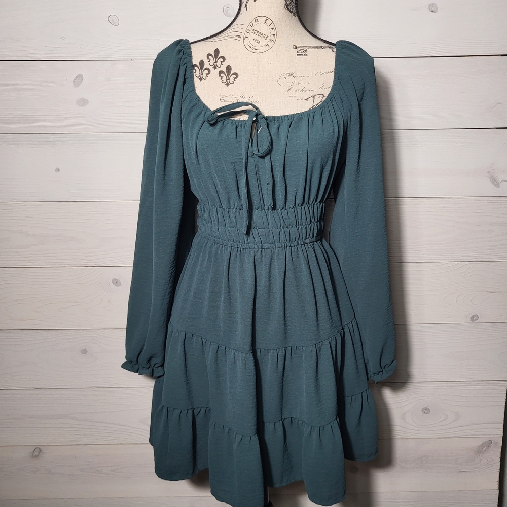 Indulge Green Dress Long Sleeve Peasant Milkmaid BOHO Hippie Festival.